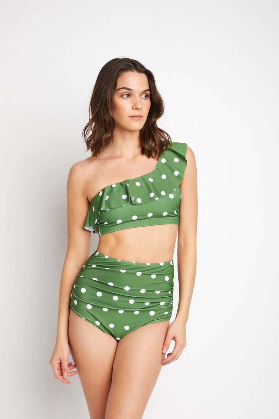 Marina West Swim One-Shoulder Ruffle Bikini Set in Olive Green Polka Dot, Large